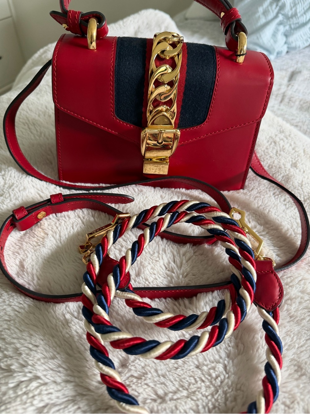 Gucci Red Leather Sylvie Bag with Gold Chain Accent